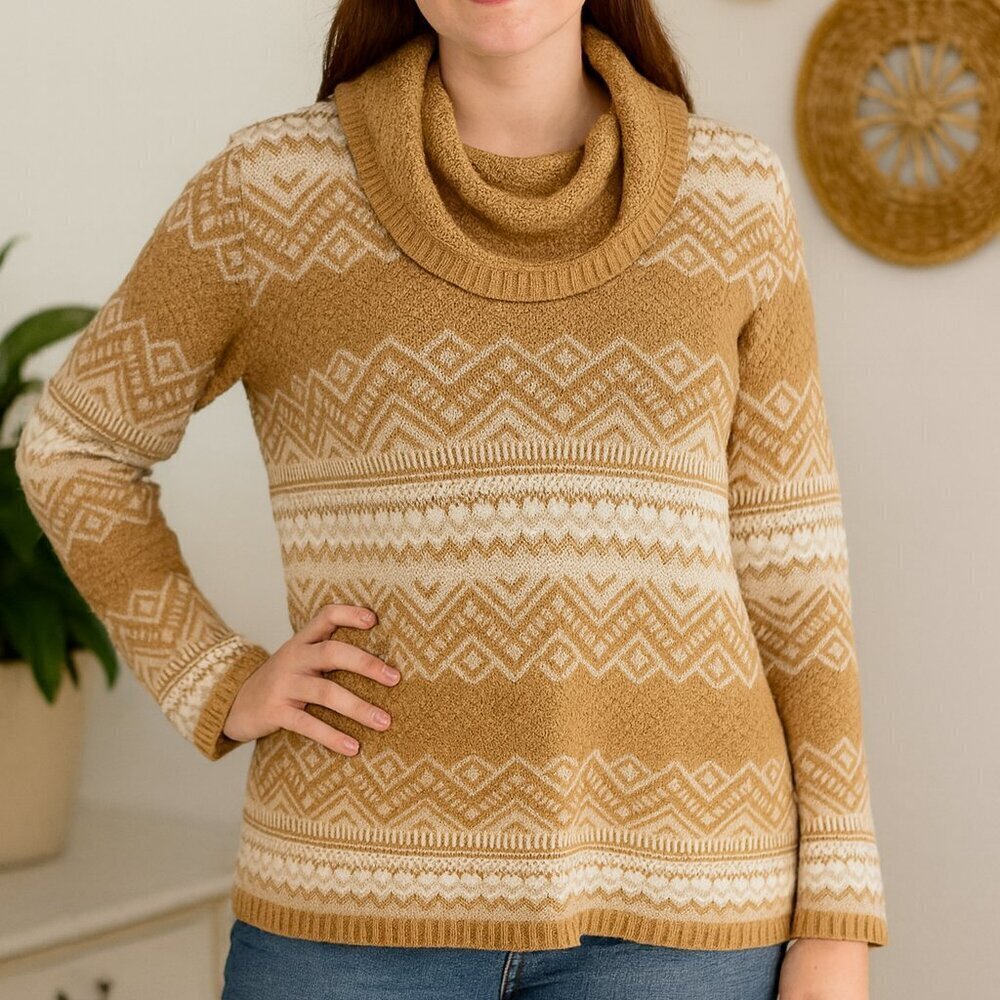 Coldwater Creek Fair Isle Cowl Neck Sweater XL Brown White Cotton Blend